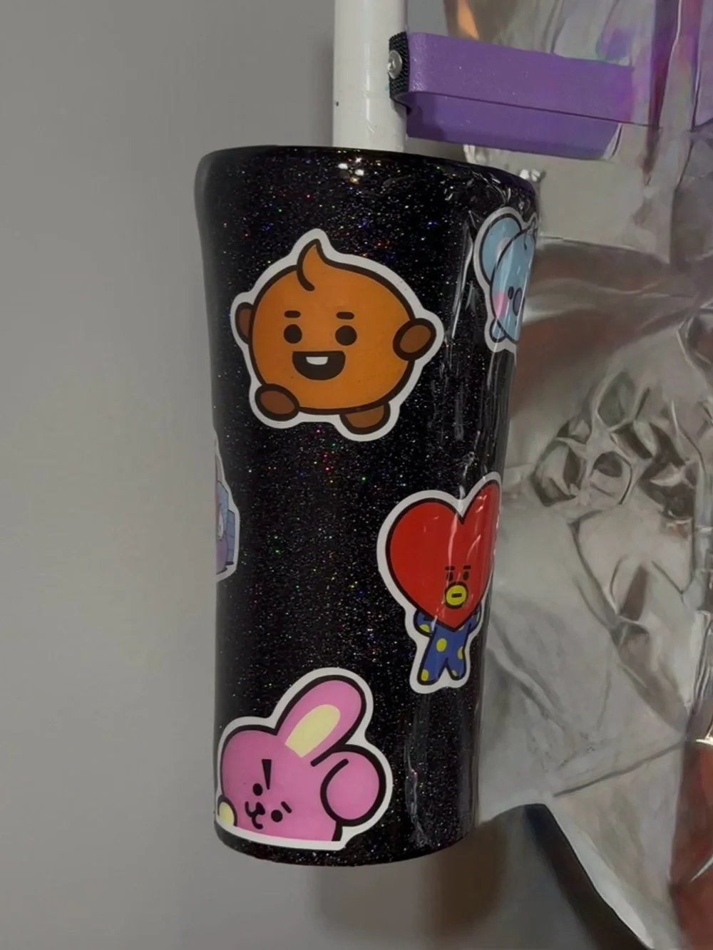 Black Glitter Ceramic Tumbler with Cute Character Stickers K-pop inspired